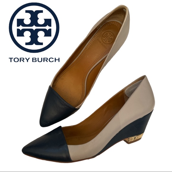 Tory Burch Astoria Patent Leather wedge Pump Cap Toe designer shoes size 8.5 EUC